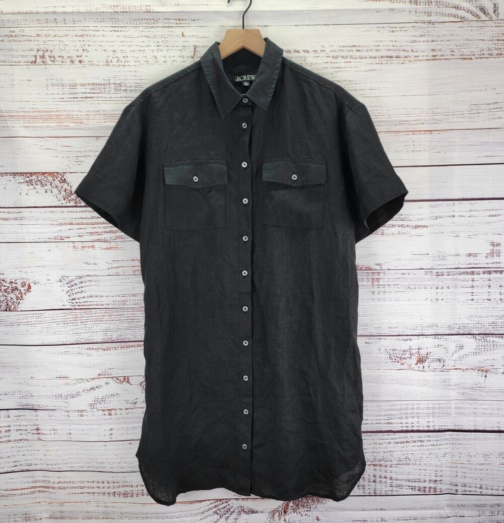 J.Crew Women's Size XS Black 100% Linen Utility Shirt Dress Short Sleeve C1926